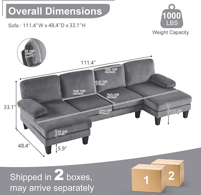 Karl home U-Shape Sectional Sofa Couch 111" Modern 4-Seat Sofa with Chaises Corduroy Fabric Upholstered Covertible Couch with Wood Grain Legs for Living Room, Reception Room, Apartment, Dark Gray