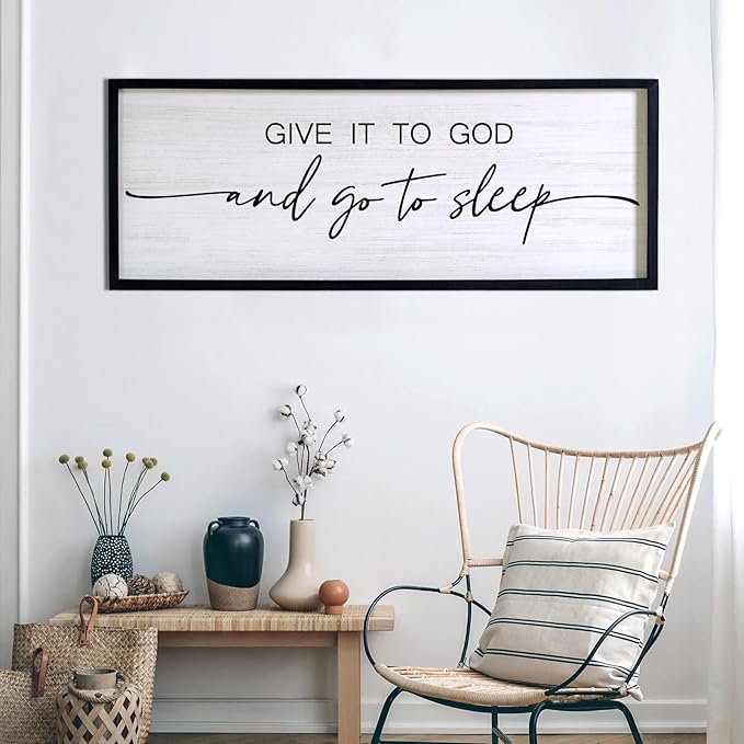 Give It to God and Go to Sleep Decorative Rustic Sign & Plaque Framed Wall Art for Couples, 40''×15'' Cottagecore Wooden Horizontal Wall Decor Above Bed, Vintage Farmhouse Wedding Gift for Bedroom
