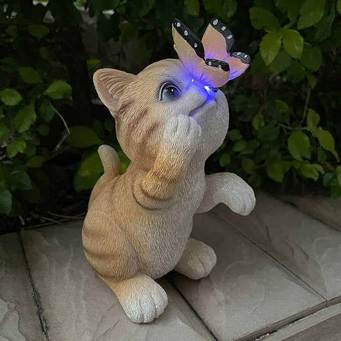 Garden Decor Solar Cat Figurines Cat Lover Gifts with LED Butterfly Lights for Indoor Outdoor Decor for Yard Garden Patio Decor Gifts for Women Grandma Mother's Day Birthday