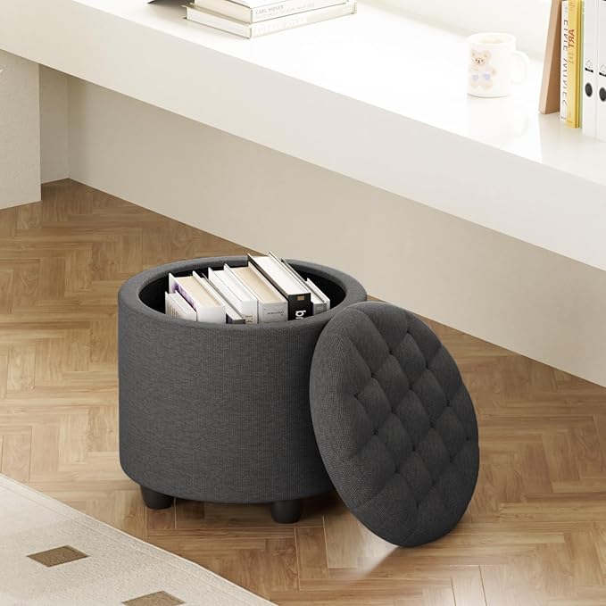 Furniliving 18.7inch Storage Round Ottoman, Footstools with Hidden Storage with Removable Lid, Stylish Button Tufted Design Ottoman Foot Stools for Living Room, Bedroom,Darkgrey