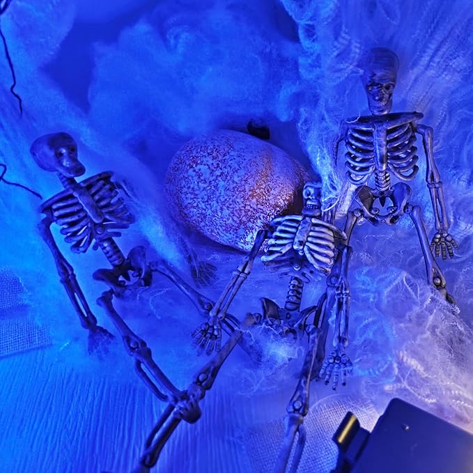 24 Pcs mini skeleton halloween decoration With hemp rope,6”small plastic posable halloween tiny skeleton figurines decor for Halloween Indoor Outdoor Graveyard Decor Haunted House Party Favors