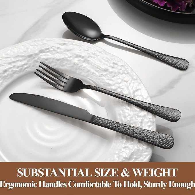 20 Pcs Black Silverware Set for 4 with Hammered Design, Food Grade Stainless Steel Flatware Set, Eating Utensils Sets Include Fork/Knife/Spoon, Cutlery Set, Dishwasher Safe