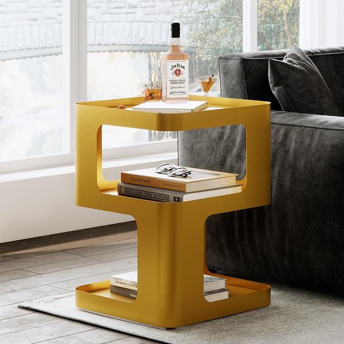 Gold Side Table,Modern end Table,Unique nightstand,Bedside Tables,Metal Accent Side Table with Storage for Living Room Bedroom Couch,no Assembly Required