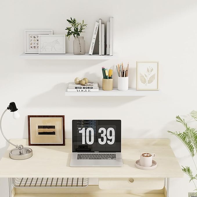 Fun Memories Floating Shelves for Wall, 30" Rustic Wood Deep Wall Mounted Shelves with Invisible Brackets for Decor & Storage, Floating Shelf for Living Room, Bathroom (White, Set of 2)