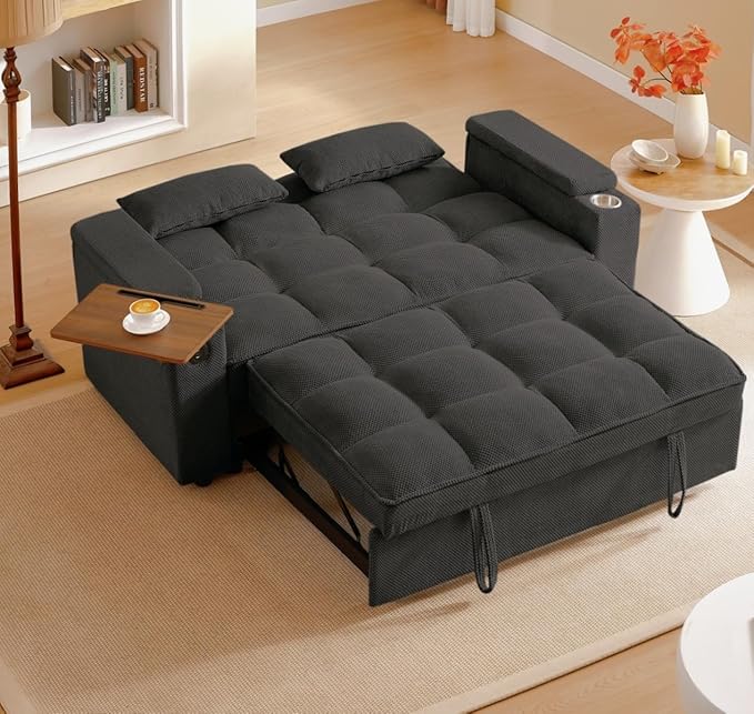 Large Size Convertible Sleeper Sofa Bed,Polka dot Velvet Pull Out Futon Couch with Storage handrails & Rotating Side Tables,Convertible Sofa Couch for Living Room,RV