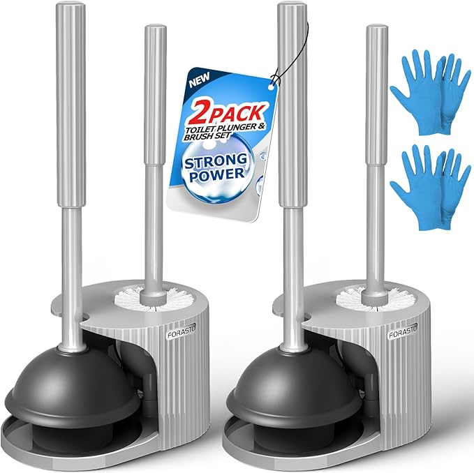 2Pack 2 in 1 Toilet Brush and Plunger Set, Extended Handle Plunger,Toilet Bowl Brush Plunger Set,Bathroom Cleaning Tools ,Toilet Brush Plunger Combo,Cleaning Brush,Cleaning Supplies(Dark Grey)