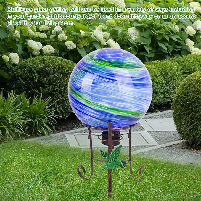 10" Diameter Gazing Ball with 8.5" Hummingbird Metal Stand Outdoor Garden Decor,Glass Globe Sphere Yard Art Decorations Outdoor,Glass Gazing Balls for Garden,Home,Lawn,Patio,Porch(Blue)