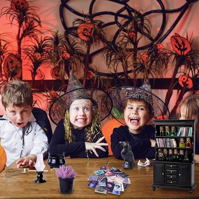 56 Pcs Halloween Miniatures Decorations 1:12 Scale Magic House Accessories Mini Wooden Bookshelf Furniture Set Tiny Sorcery Bottles Books Desk Chair Witch Hat Dollhouse Decor