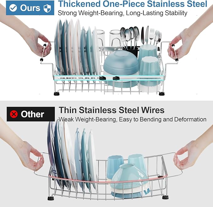 GSlife Expandable in Sink Dish Drying Rack - Capacity Adjustable Stainless Steel Over The Sink Dish Drainer with 2 Cup Holder and Utensil Holder for Kitchen Sink, 10.8"~17.9" L x 14.2" W, Silver