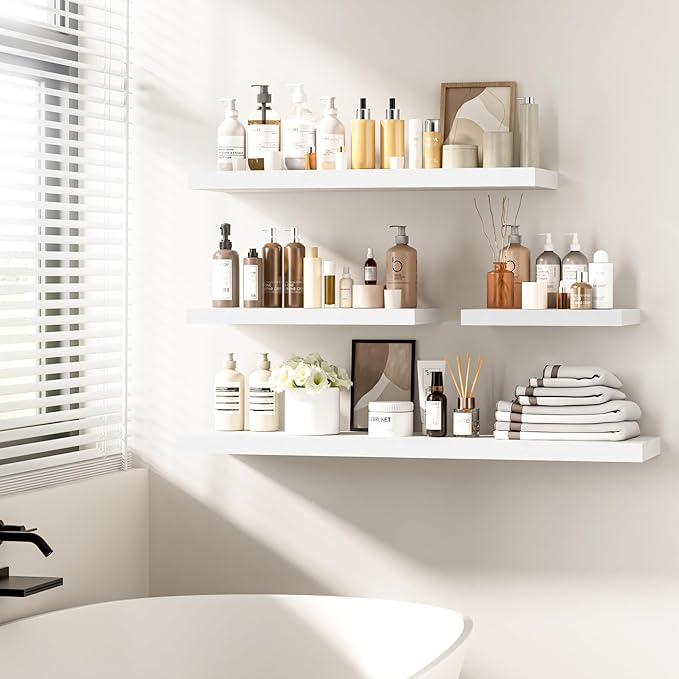 Fun Memories Floating Shelves - 2 Pack 12 Inch Rustic Wooden Wall Shelves - Extra Deeper & Thicker Wall Mounted Storage Shelf for Living Room, Kitchen, Farmhouse - 36" W x 12" D x 1.8" H - White