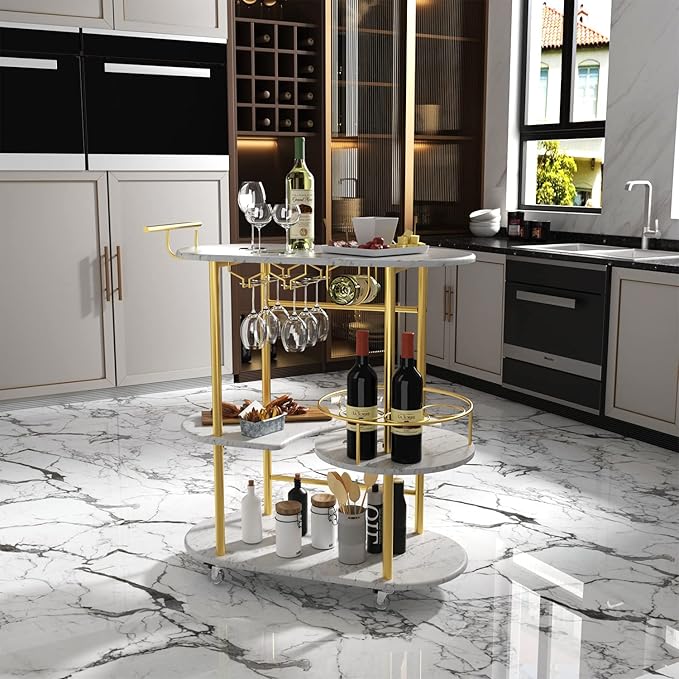 Gold Bar Carts with 4-Tier Storage Shelves, Mobile Bar Serving Cart with Wine Rack and Glass Holder, for The Home, Kitchen, Living Room, Dining Room