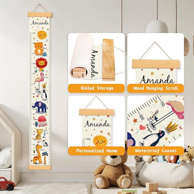 Personalized Name Growth Chart Wall Decor for Kids – Canvas Removable Height Chart Measuring Ruler 59" x 7.9" (Animals)