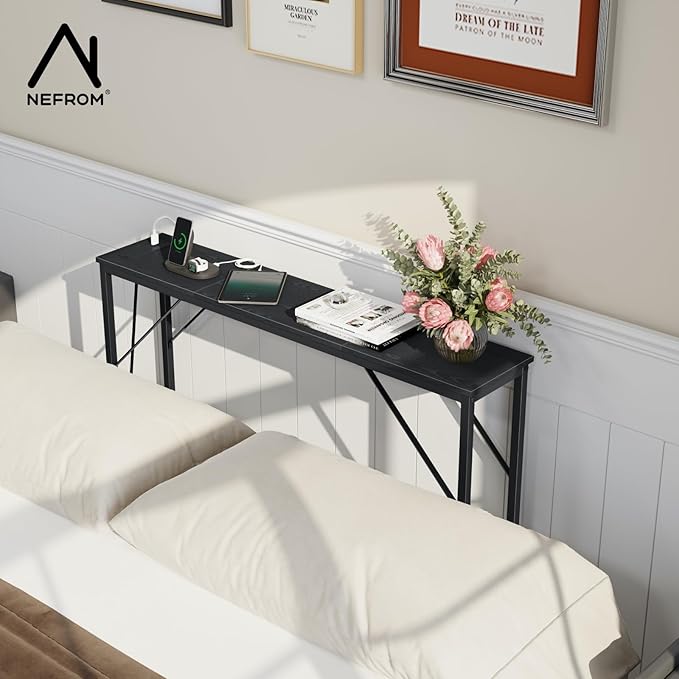 39.4" Console Table, Skinny Entryway Table with Fast-Charging Station, Narrow Long Sofa Table, Behind Slim Couch Table for Entrance, Hallway, Living Room Decor ST-BK100-1