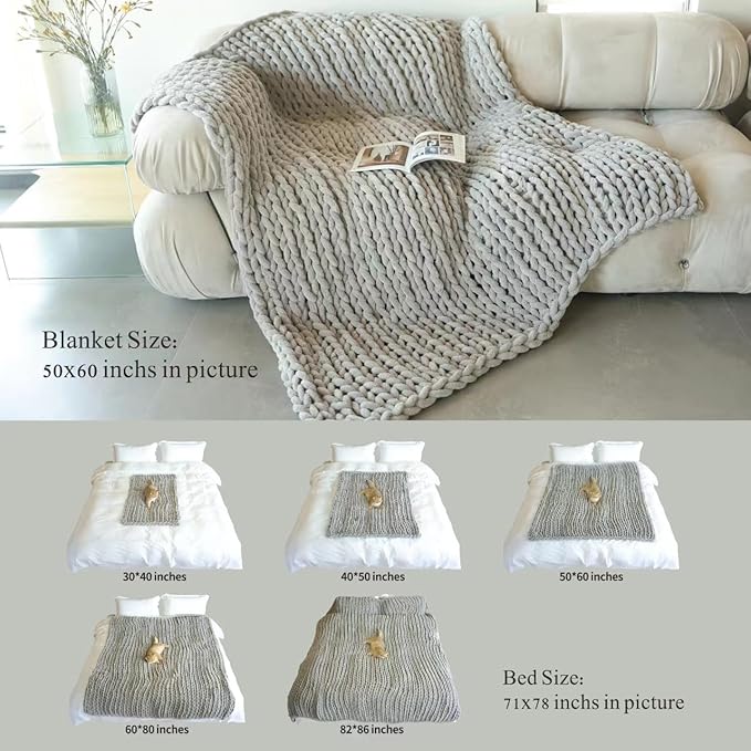 Maetoow Chenille Chunky Knit Blanket Throw (50×60 Inch), Handmade Warm & Cozy Blanket Couch, Bed, Home Decor, Soft Breathable Fleece Banket, Christmas Thick and Giant Yarn Throws,Cream
