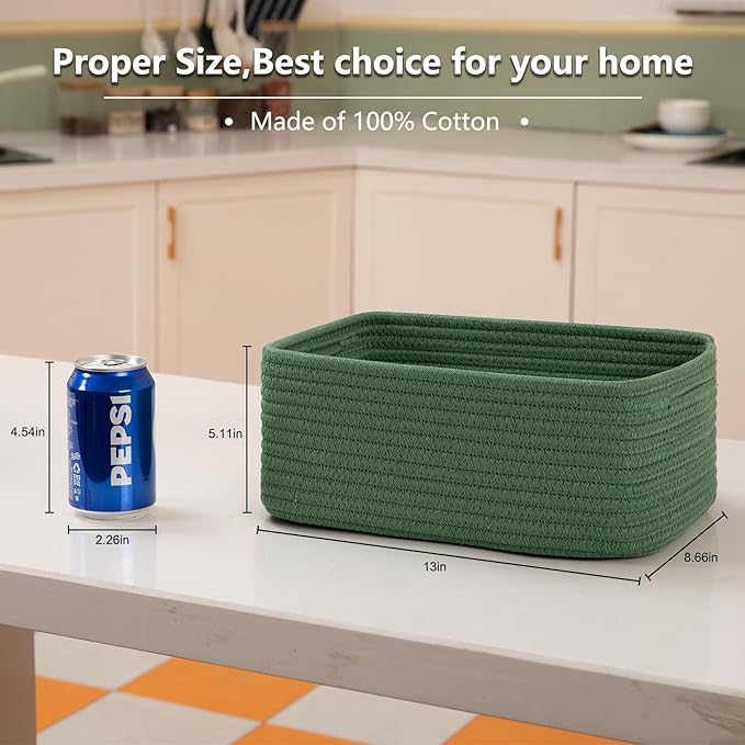 4 Pack Small Storage Shelf Baskets for Organizing, Mini Woven Rope Storage Bins for Towels, Cute Decorative Closet Organizer,Baby Nursery, Gift Empty Baskets -13''Lx8.66''Wx5.11''H-Green