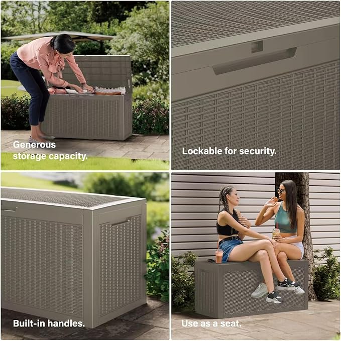100 Gallon Double-Wall Resin Deck Box - Lockable Waterproof Outdoor Storage Box, 1000lbs Capacity & Doubles as Seating for Patio Furniture - Garden Tools, Pool Accessories (Brown)