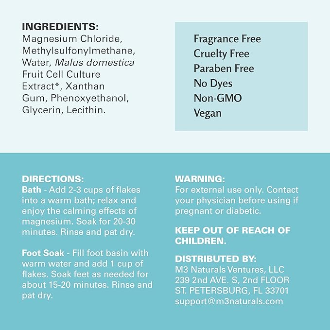 Magnesium Flakes for Bath and Foot Soak, Fragrance Free Mineral-Rich Sea Salts for Overworked Feet, Dry Skin & Sore Muscles, Formulated with Stem Cell Extract for Skin Renewal, 28 oz (1.75 lb) by M3
