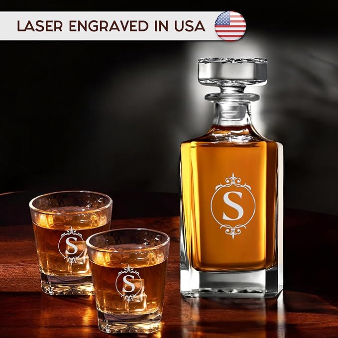 Personalized Triangle Whiskey Decanter Set for Men 650ml Luxury Gift for Groomsman, Liquor Decanters with 2 or 4 Glasses for Birthday, Retirement, Weddings - 24 Engraved Design Options