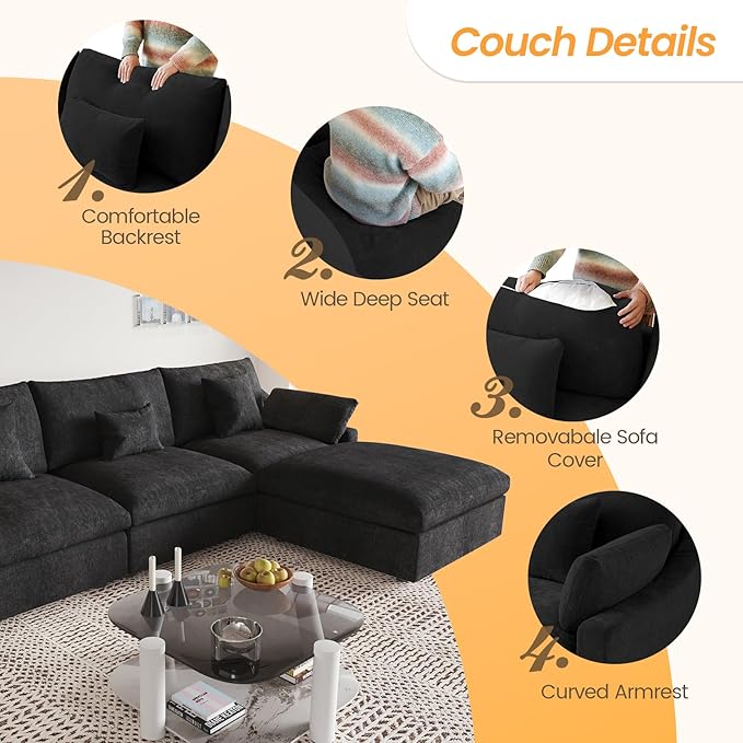 JACH L-Shaped Sectional Couches for Living Room, Cloud Sectional Couch with Deep Seat, Modular Sectional Sofa with Chaise, Covers Removeable & Washable, Sofas Furniture for Living Room, Black