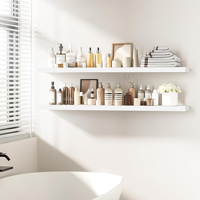 Fun Memories 55 Inch Floating Shelves - 9 Inch Deep Rustic Wooden Wall Shelves - Extra Deeper & Thicker Wall Mounted Storage Shelf for Living Room, Kitchen, Farmhouse - 55" W x 9" D x 1.8" H - White