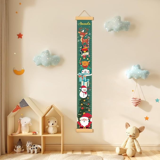 Personalized Name Growth Chart Wall Decor for Kids – Canvas Removable Height Chart Measuring Ruler 59" x 7.9" (Christmas Deer)