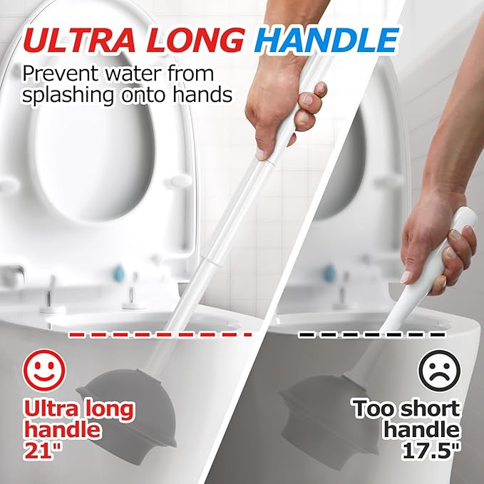 2Pack 2 in 1 Toilet Brush and Plunger Set, Extended Handle Plunger,Toilet Bowl Brush Plunger Set,Bathroom Cleaning Tools ,Toilet Brush Plunger Combo,Cleaning Brush,Cleaning Supplies(White)