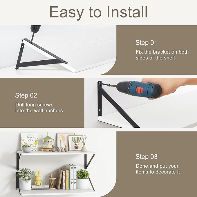 Fun Memories 27.5" W x12 D Floating Shelves, White Wall Shelf with Brackets, 12 Inch Deep Floating Shelf Set of 2, Large Storage Kitchen Living Room Bathroom Shelves, Wood Wall Mounted Shelf