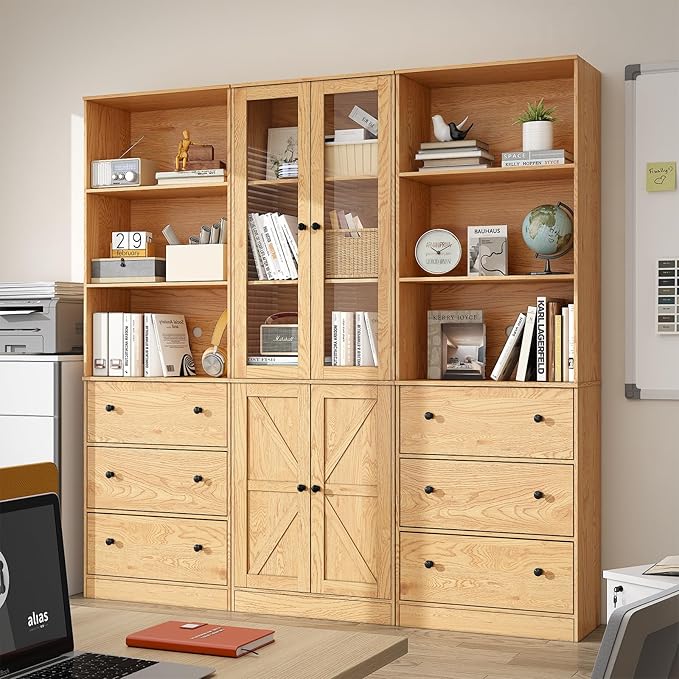 71" Tall Bookshelves Set of 3, 2 Bookcases with Drawers & 1 Bookshelf with Doors, Wooden Bookshelves Floor Standing Display Storage Shelves Home Decor Furniture for Home Office, Living Room