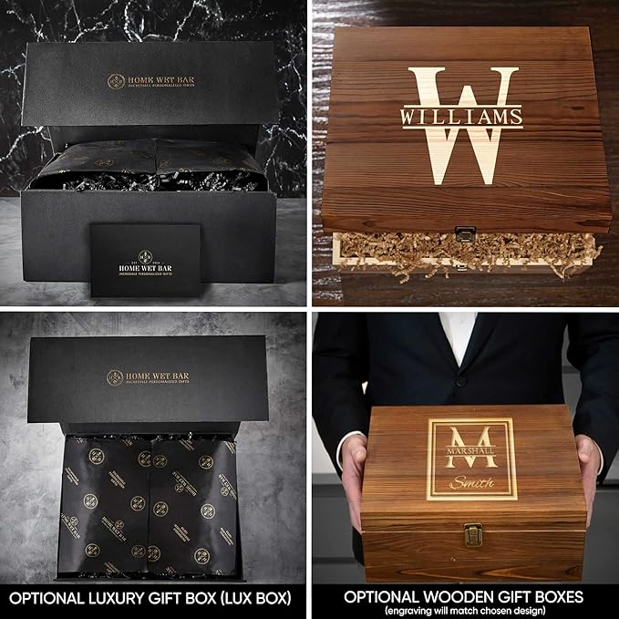 Personalized Whiskey Decanter Set with 4 Square Rocks Glasses - Gift Box Available