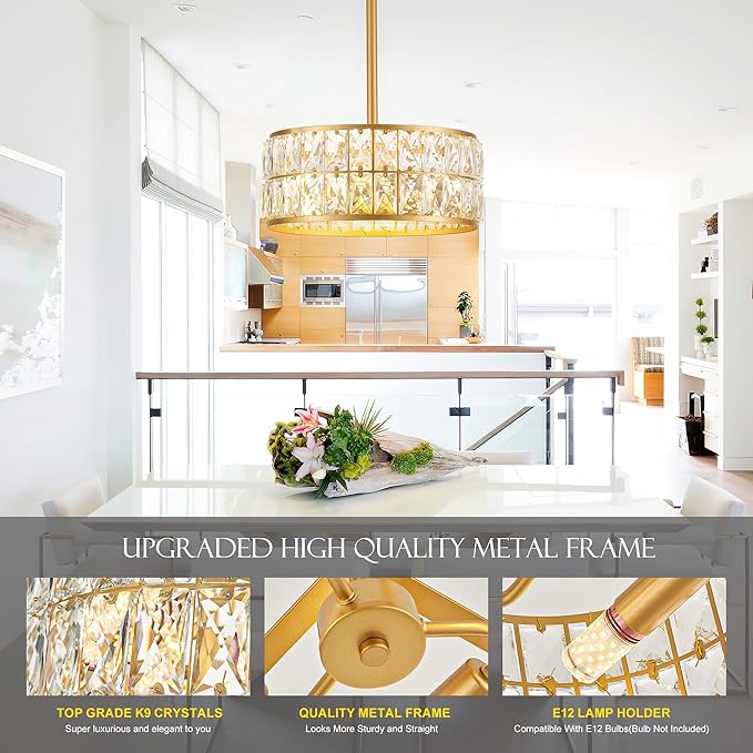 12β 3-Light Modern Crystal Chandeliers Gold Dinning Room Light Fixture, Round Pendant Light Kitchen Island Chandelier, Flush Mount Ceiling Light for Living Room Entryway Bedroom Foyer