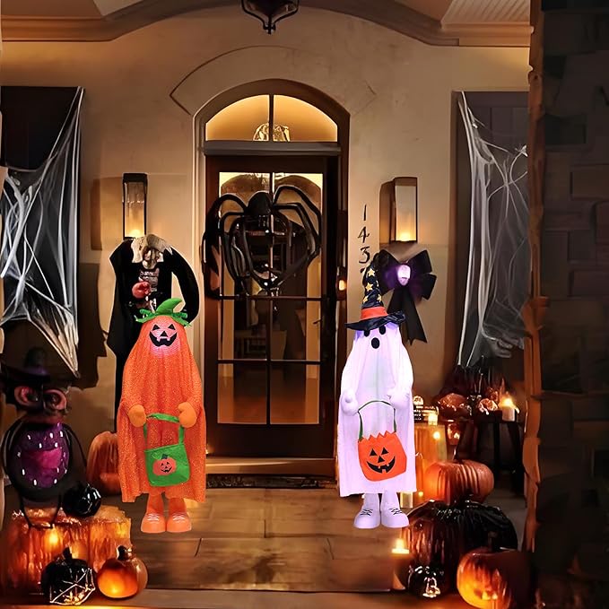 37" Front Porch Light up Halloween Ghost Figure Décor, Kit Standing Trick or Treat Indoor and Outdoor Decorations-Start