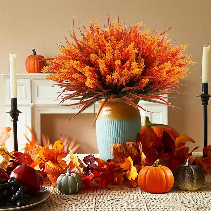 Geegoods Artificial Plants Flowers Outdoor – Faux Lavender Flowers with Monkey Grass UV Resistant Plastic Faux Plants for Garden Porch Window Patio Hanging Planter Home Decor (Autumn-Orange, 48PCS)