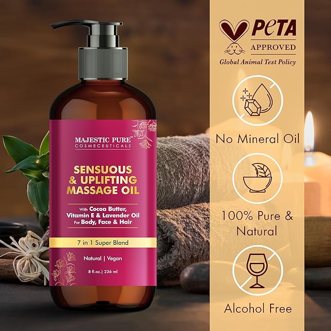 MAJESTIC PURE Cocoa Massage Oil for Massage Therapy - Refreshing, and Relaxing - Natural Oils with Cocoa Butter, Vitamin E & Lavender Oil - for All Skin Types - Men and Women - 8 fl oz