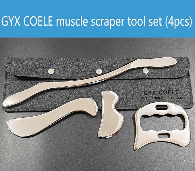 4 in 1 Stainless Steel Gua Sha Muscle Scraper Tool, Professional IASTM Physical Therapy Tool Set for Massage and Scraping (4pcs Carry Bag)