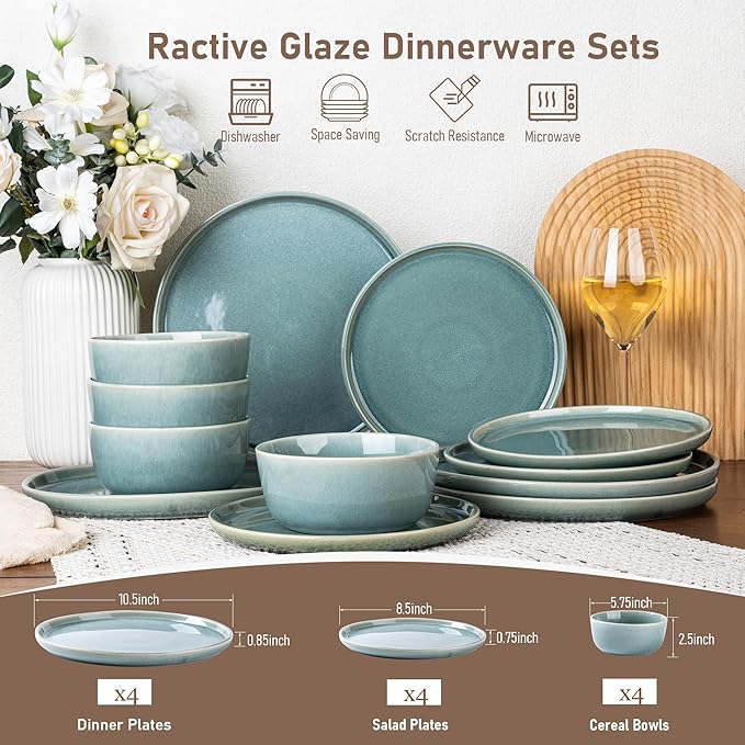 GBHOME Ceramic Dinnerware Sets for 4, 12 Pieces Stoneware Plates and Bowls Sets, Scratch Resistant Dishes, Dishwasher & Microwave Safe, Reactive Glaze-Malachite Green