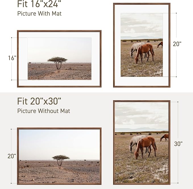 20x30 Poster Frame Set of 2 Natural Solid Walnut Photo Frames with 16x24 Removable Mat Wall Hanging Large Handcrafted Frame with HD Plexiglass Wall and Tabletop Display Large Picture Frame