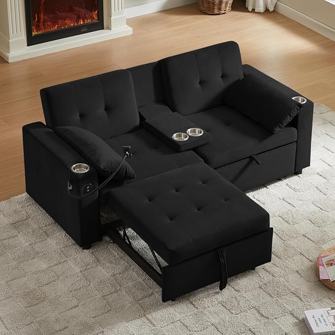 70" Queen Size Sofa Bed for Living Room – Pull-Out Sleeper Sofa Couch with Cup Holder, Phone Holder, USB Charging Port, Solid Wood Frame, Easy Assembly, Space-Saving Design for Small Apartments