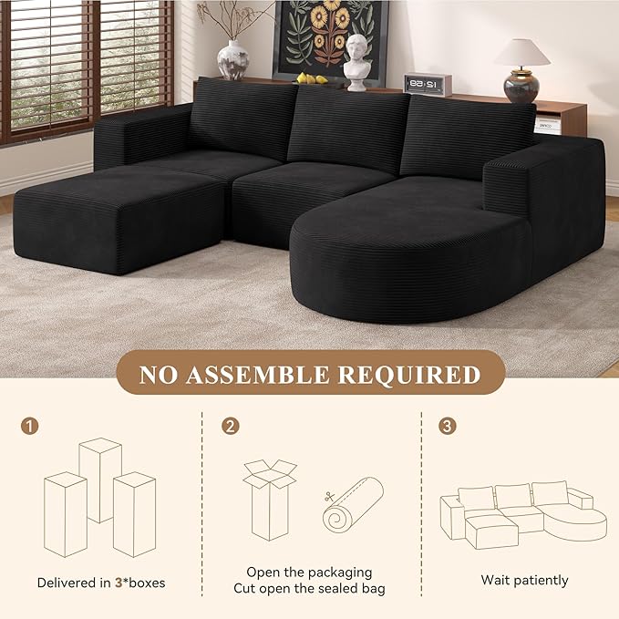 Modular Sectional Sofa with L-Shape Chaise,Cloud Sectional Modern Sleeper Couch with Deep Seat,Sponge Compression Sofas No Assembly Required (Black-Corduroy Fabric) 1pcs