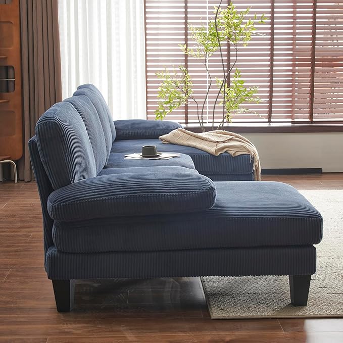 Karl home U-Shape Sectional Sofa Couch 111" Modern 4-Seat Sofa with Chaises Corduroy Fabric Upholstered Covertible Couch with Wood Grain Legs for Living Room, Reception Room, Apartment, Navy Blue