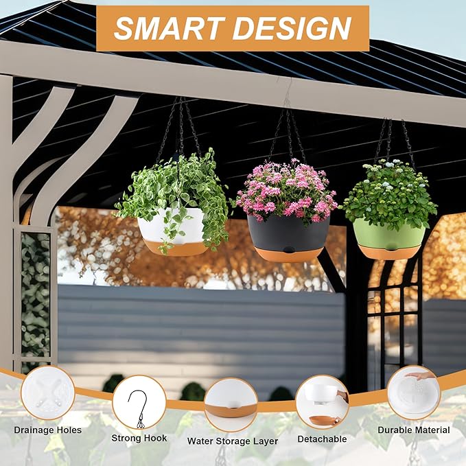 10 inch Plant Pot Hanging Planters Self Watering Pots for Indoor Plants, 3 Pack Plastic Hanging Basket with Removable Tray for Home Garden Porch Balcony Patio Decor(Black)