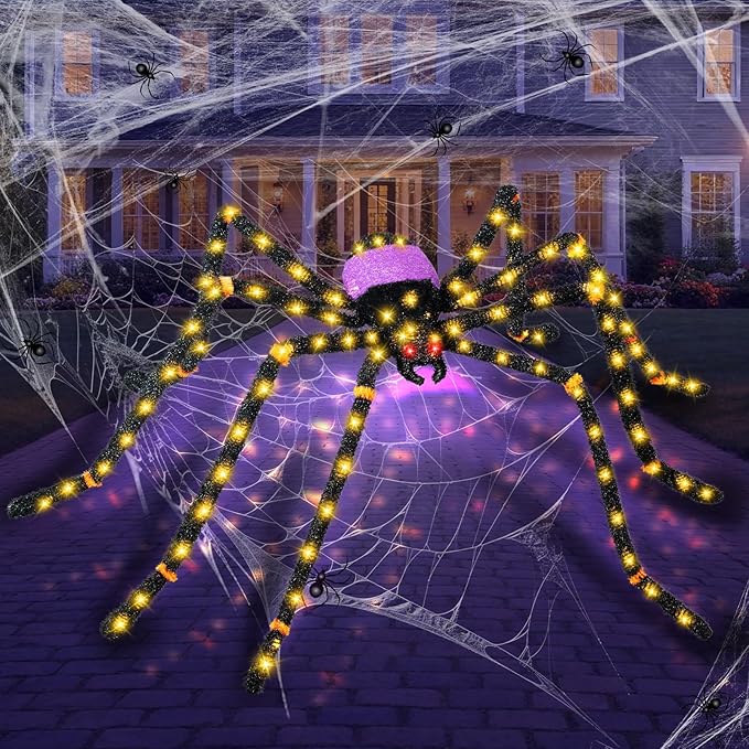 5.5FT Giant Spider Halloween Decorations with 100 LED, Plug-in Pre-Lit Light Up Scary Spider Halloween Decorations, Large Spider Decorations for Outdoor, Yard, Lawn, Exterior Walls