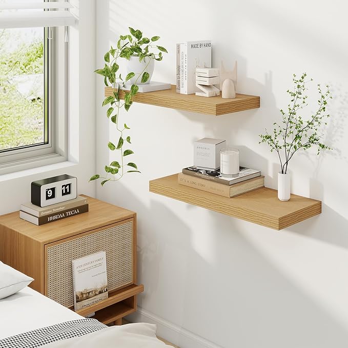 Fun Memories 24 Inch Floating Shelves for Wall, 9 Inch Deep Oak Rustic Wood Wall Mounted Shelves for Bathroom, Kitchen, Living Room, Set of 2