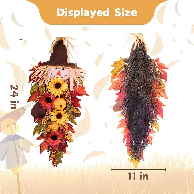 24" Rustic Fall Scarecrow Teardrop Swag β Farmhouse Sunflower & Pumpkin Wreath β Autumn Harvest Hanging Decor for Front Door, Wall, Porch, Indoor/Outdoor
