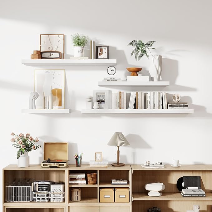 24 Inch Floating Shelves, 12 Inch Deep Floating Shelves for Wall, Floating Shelf with Invisible Brackets, Deep Shelves for Bathroom, Bedroom, Living Room, 2 Pack, White