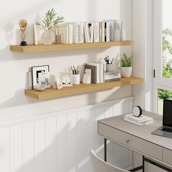 Fun Memories 48 Inch Deep Floating Shelves for Wall, 2 Pack of Long Wall Mounted Wood Shelves with Invisible Brackets for Bathroom, Bedroom, Living Room, Kitchen Decor and Storage, Oak