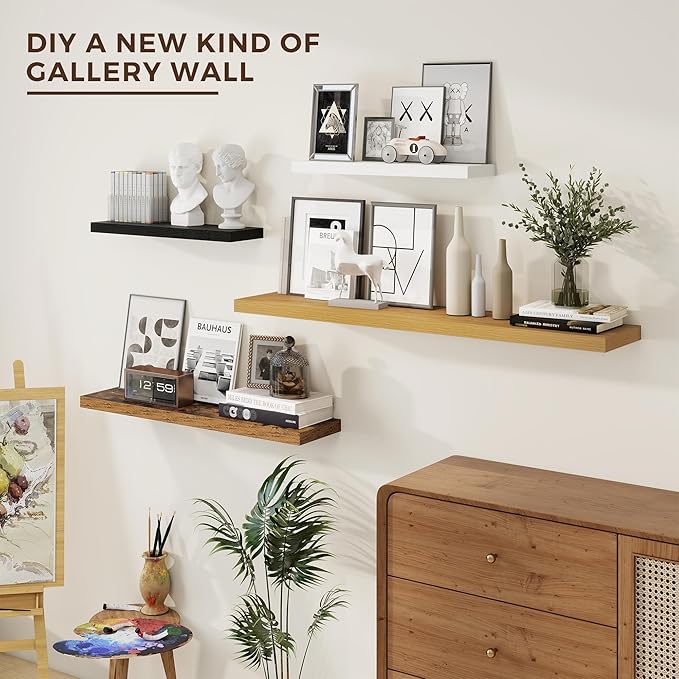 24 inch Floating Shelves Long Floating Shelves for Wall Large Wall Mounted Shelves with Invisible Brackets, White Shelves for Bathroom, Living Room, Kitchen, Office, 24x6.7 inch deep Set of 2