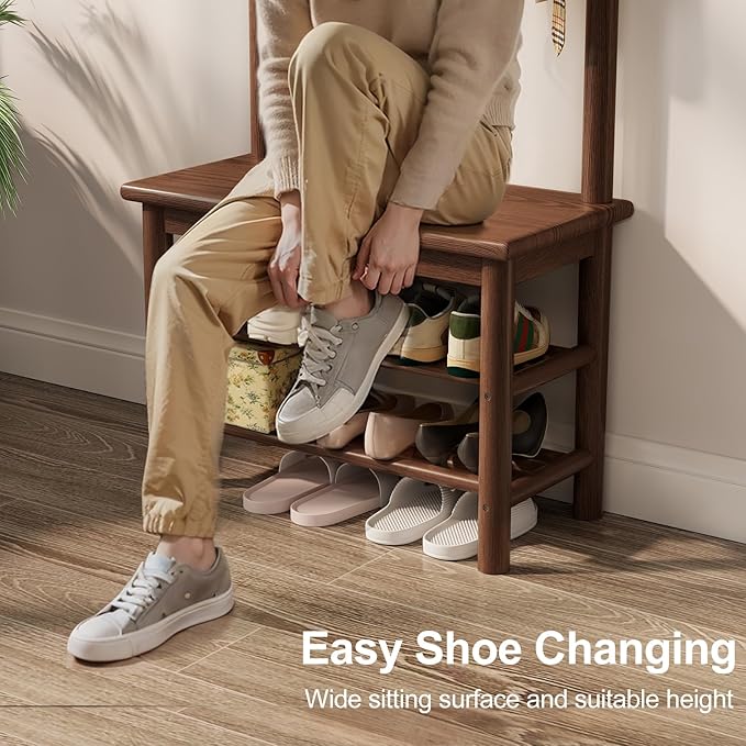 Hall Tree, Coat Rack with Shoe Storage, Wooden Hall Tree with Bench, 11 Hooks and 2-Tier Storage Shelves, Entryway Bench with Coat Rack (23.6" - Deep Walnut)