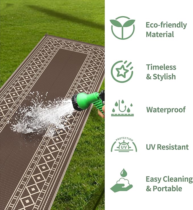 GENIMO Outdoor Rug Waterproof for Patio Decor, 2.5'x8' Foldable Reversible Plastic Straw Runner Rugs Carpet for Porch, Outside Area Mat for Rv, Deck, Picnic, Camper, Balcony, Coffee & Beige