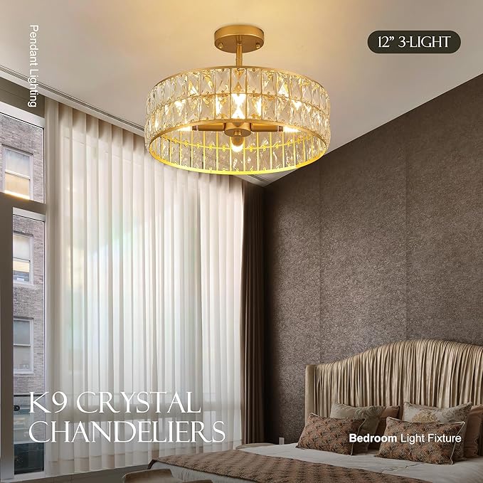 16β 4-Light Modern Crystal Chandeliers Gold Dinning Room Light Fixture, Round Pendant Light Kitchen Island Chandelier, Flush Mount Ceiling Light for Living Room Entryway Bedroom Foyer