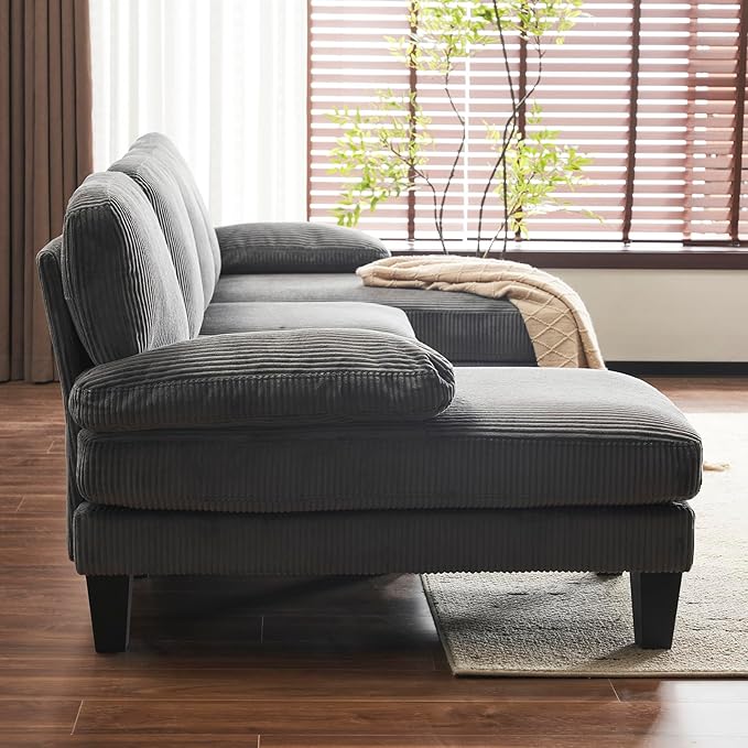 Karl home U-Shape Sectional Sofa Couch 111" Modern 4-Seat Sofa with Chaises Corduroy Fabric Upholstered Covertible Couch with Wood Grain Legs for Living Room, Reception Room, Apartment, Dark Gray